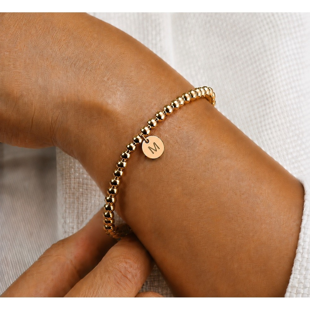 14k Gold Plated Beaded Stretch Bracelet Initial M Charm Water Resistant